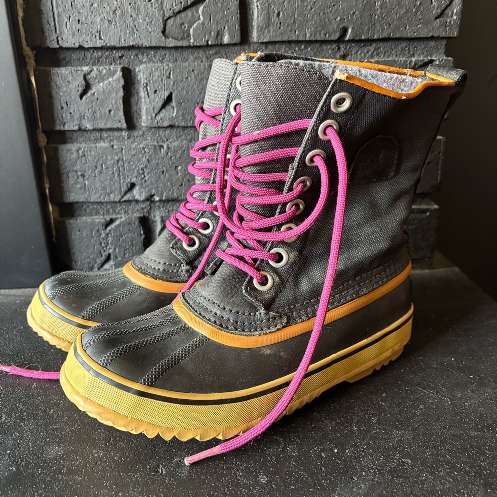 Sorel Black and Tan Winter Boots with Pink Laces